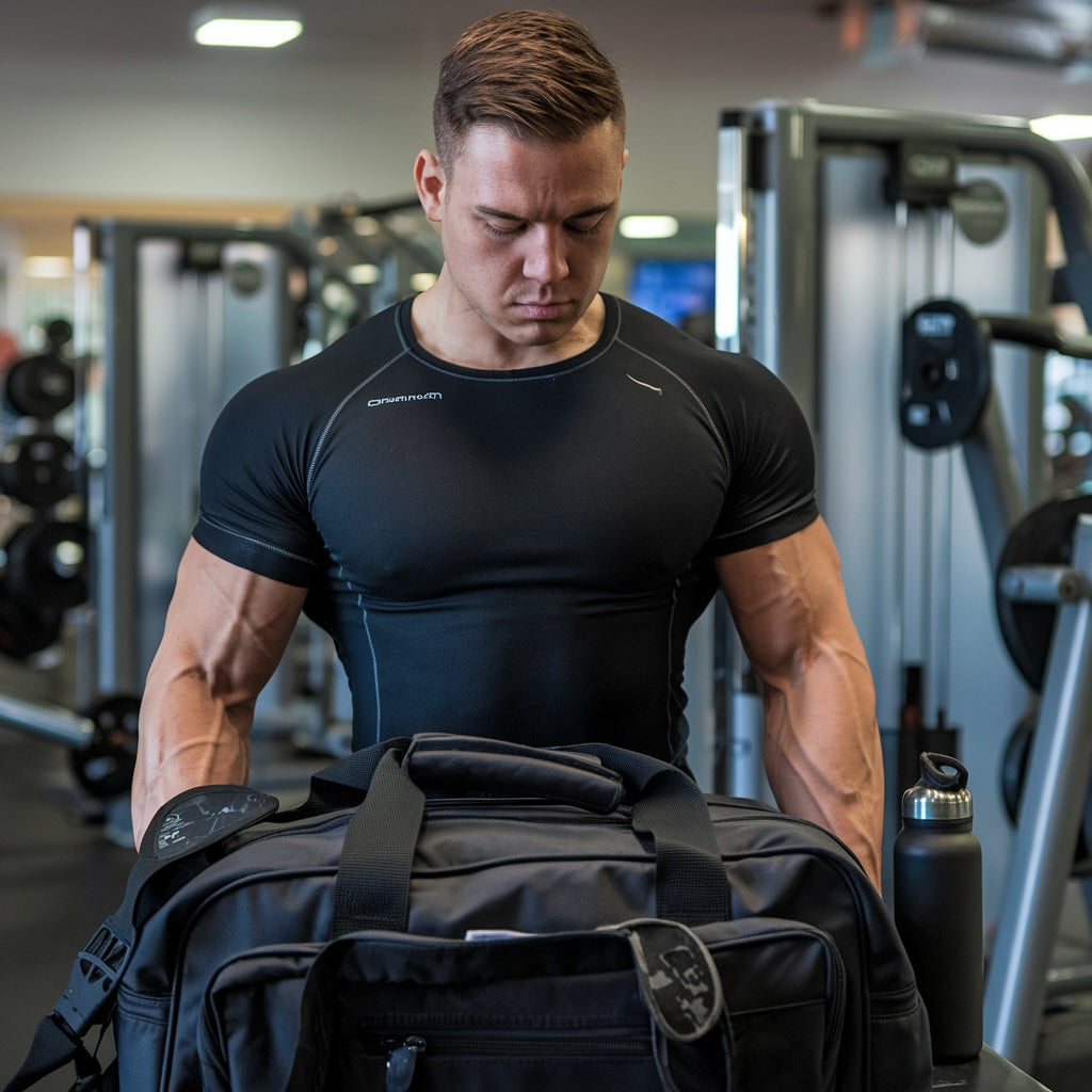 Man wearing a black muscle top while weightlifting. He has a gym bag and a water bottle beside him. The background is a gym with multiple weightlifting machines.