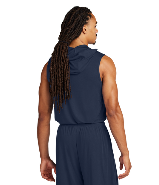 Man wearing a Sport-Tek Sleeveless Hoodie (Tank Top) sport workout gear, product by Older and Bolder Apparel